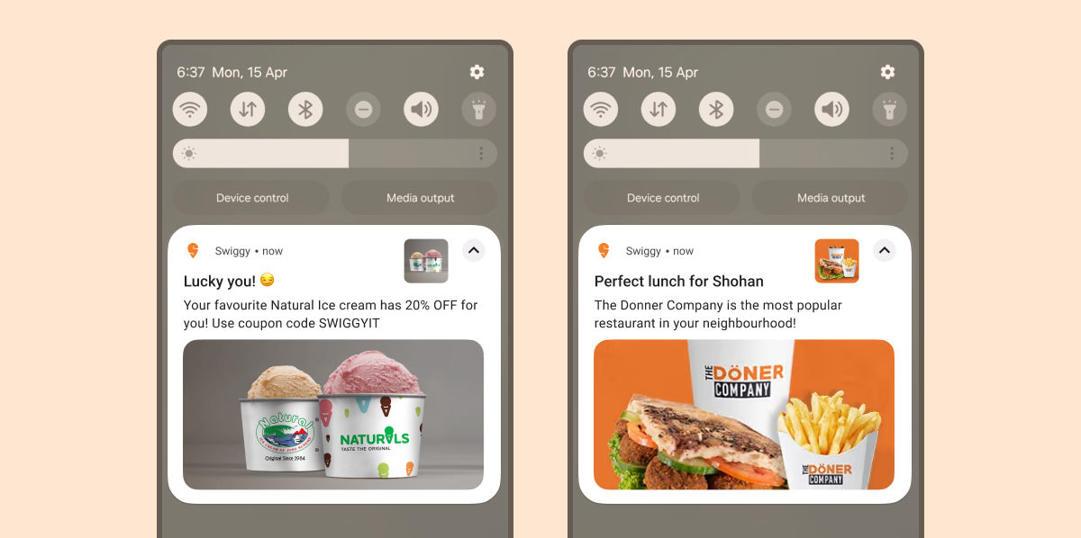 Screenshot of Swiggy's rich media notifications